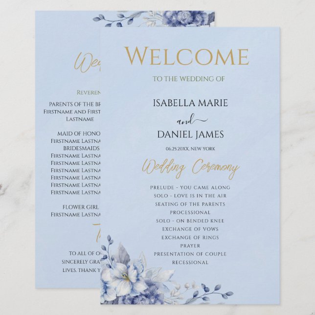 Elegante Dusty Blue Floral Ceremony Program (Frente/Verso)