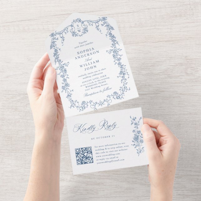 Elegante Dusty Blue French Garden Código QR Casame (Tearaway)