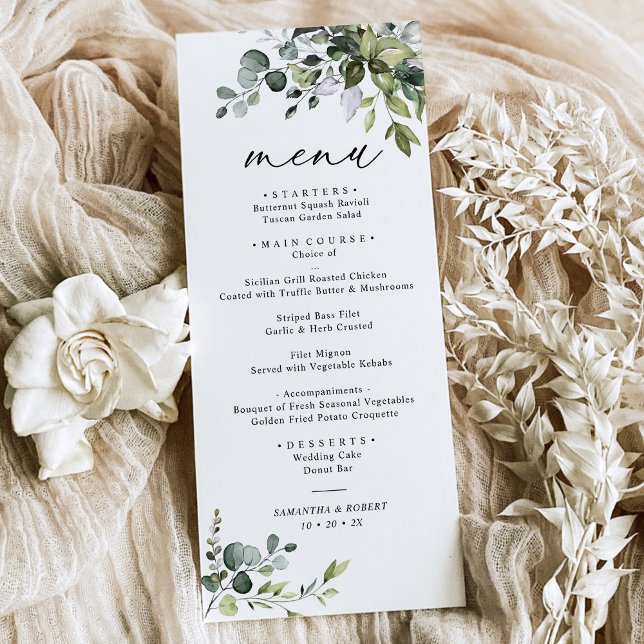Elegante Dusty Blue Greenery Menu Casamento (Criador carregado)