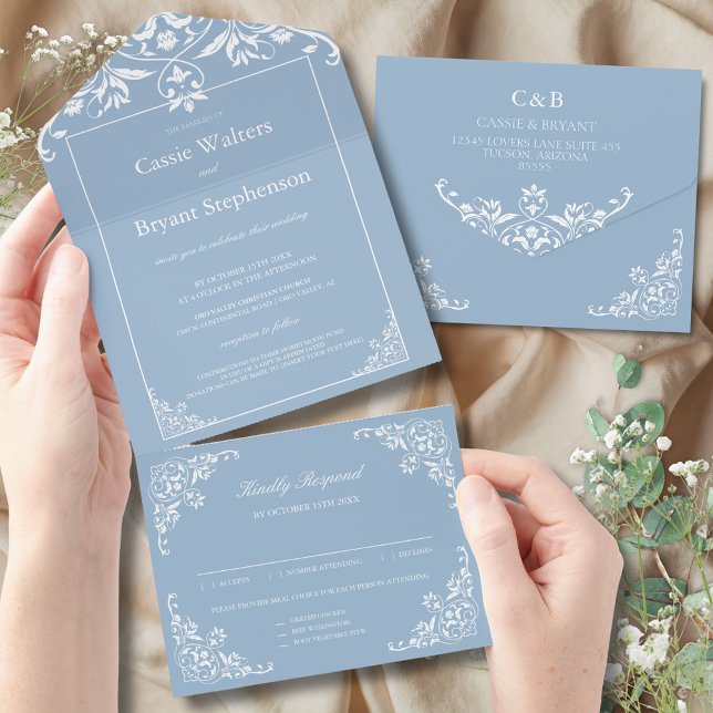 Elegante Dusty Blue Tudo Em Um Casamento (elegant dusty blue and white simple minimal all in one wedding invitation with rsvp card attached)