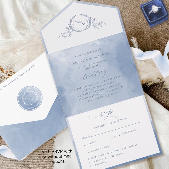 Elegante Dusty Blue Watercolor Monograma Casamento (Criador carregado)