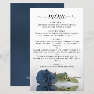 Elegante Dusty Steel Blue Rosa Budget Menu Casamen