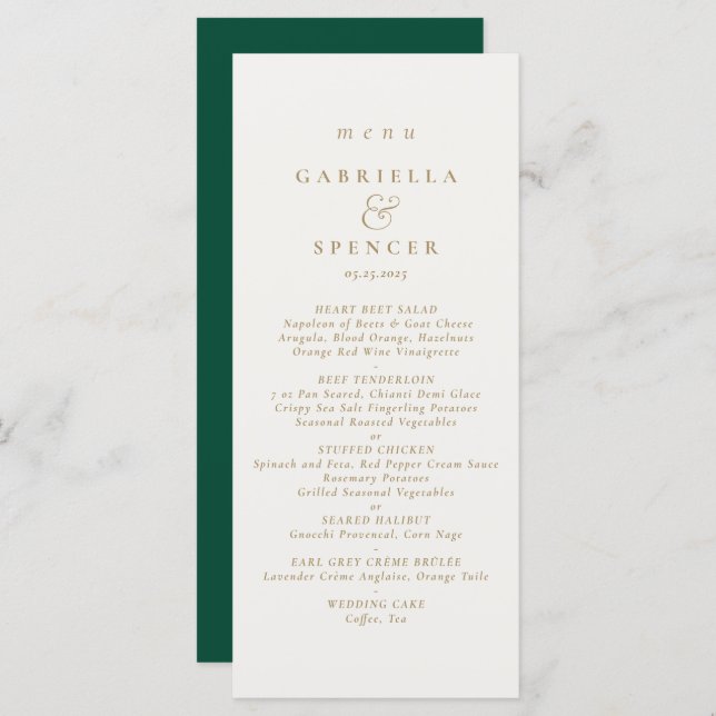 Elegante Emerald Green Cream Dourado Menu Casament (Frente/Verso)