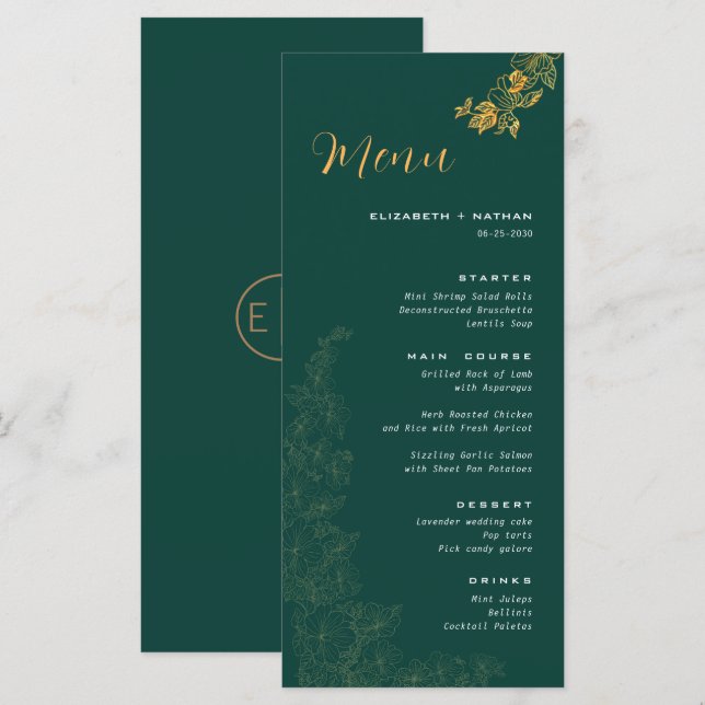 Elegante Emerald Green Ouro Foliage Menu (Frente/Verso)