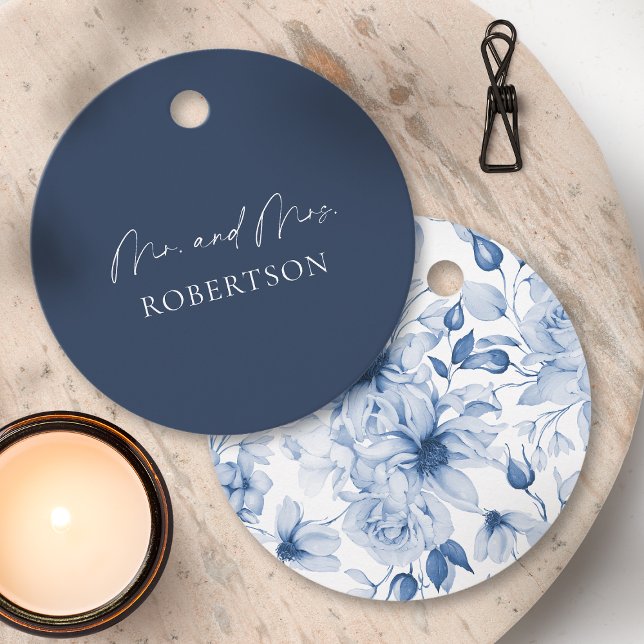Elegante Etiqueta Azul Marinho de Mr. & Mrs. (Criador carregado)