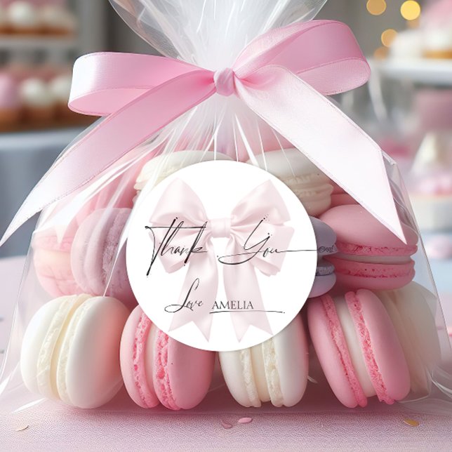 Elegante Etiqueta de Agradecimento com Laço Rosa (Criador carregado)