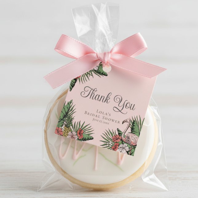 Elegante Etiqueta de Agradecimento de Chuveiro de  (Tropical Floral Pink Flamingo Bridal Shower Thank You Favor Tags. Elegant Hibiscus, Leaves & Foliage)
