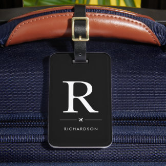Elegante Etiqueta de Bagagem com Monograma Preto