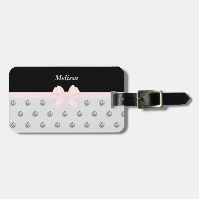 Elegante etiqueta de bagagem preta rosa e prata (Frente Horizontal)