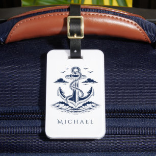 Elegante etiqueta de mala com âncora para viagens