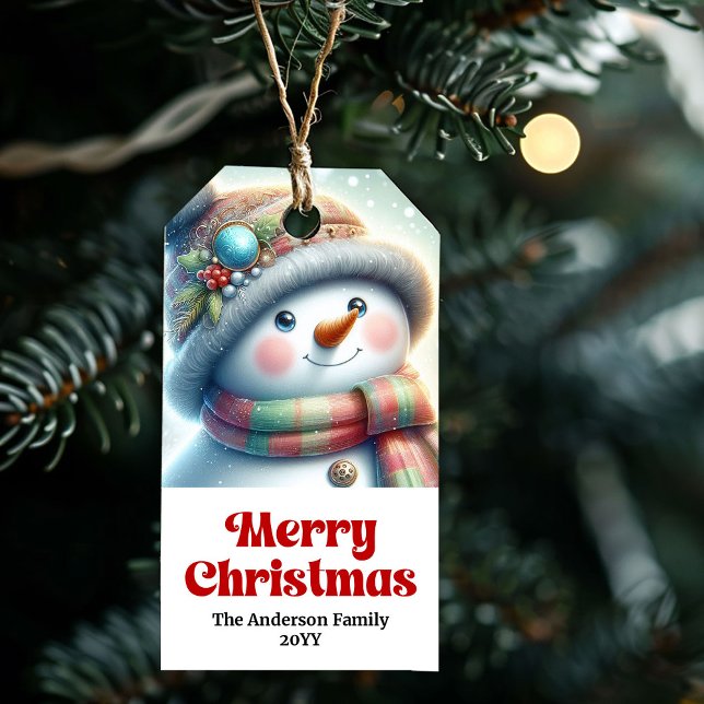 Elegante Etiqueta de Presente para Crianças Homem  (Heartwarming Snowman Personalized Christmas gift tag)