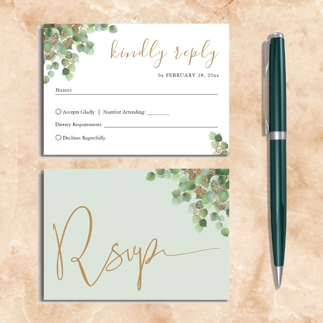 Elegante Eucalipto Verde Botânico Dourado RSVP (Criador carregado)