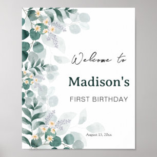 Elegante Eucalyptus Fisrt Birthday Poster de Boas-