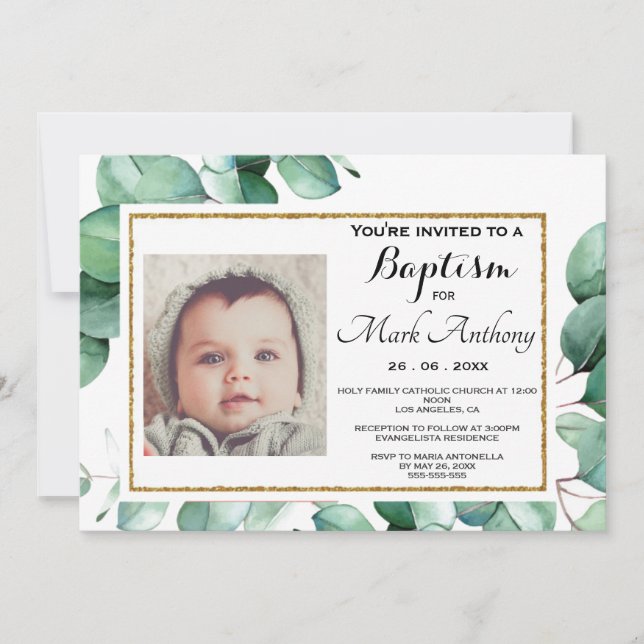 Elegante Eucalyptus Greenery Baptism Convite (Frente)