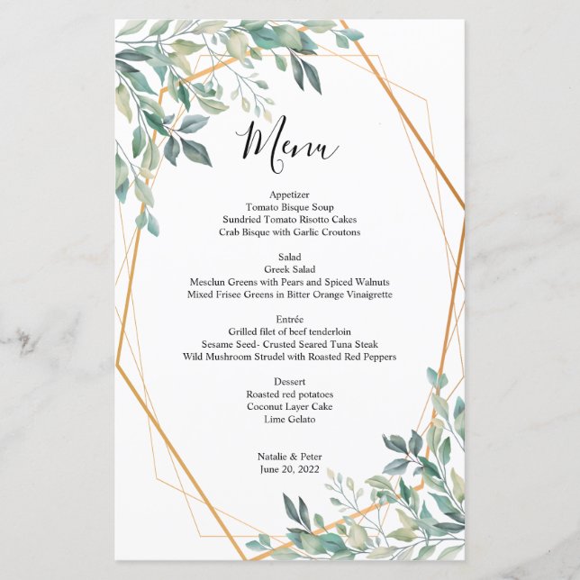 Elegante Eucalyptus Greenery Dourado Menu Casament (Frente)