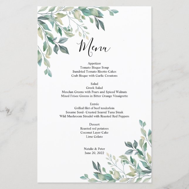 Elegante Eucalyptus Greenery Rustic WedMenu (Frente)
