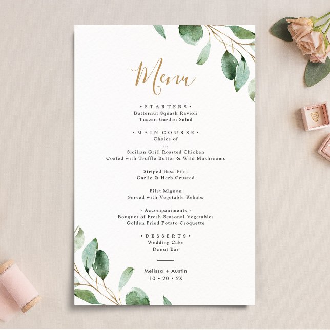 Elegante Eucalyptus Greenery Simple WedMenu (Criador carregado)