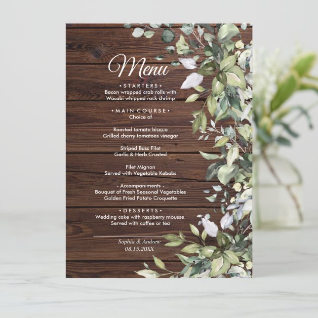 Elegante Eucalyptus greenery Wood Weding Menu (Em pé/Frente)