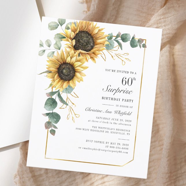 Elegante Eucalyptus Sunflower Script 60º Aniversár (Elegant Eucalyptus Sunflower Script 60th Birthday)