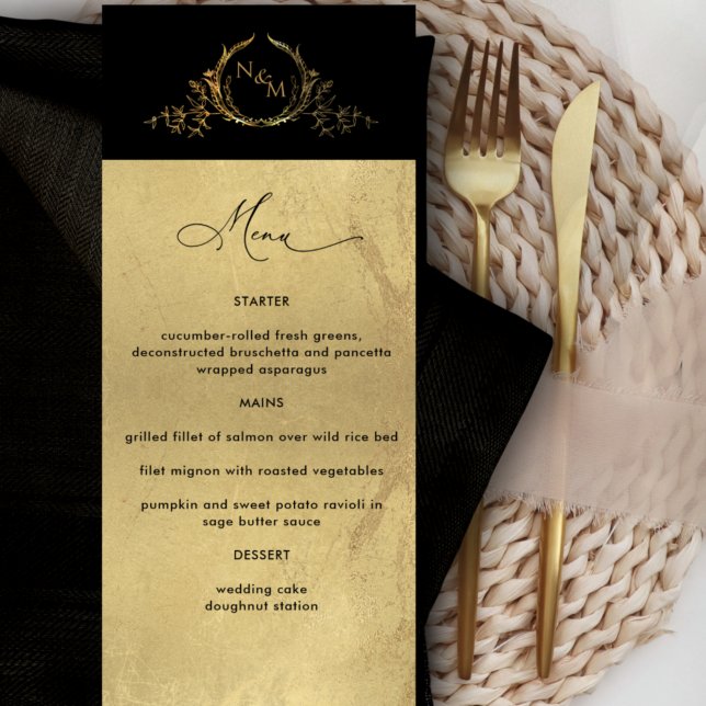 Elegante Faux Gold Foil Monogrammed Menu Casamento (Criador carregado)