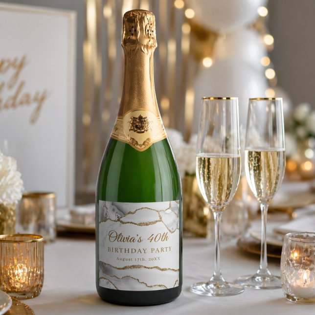 Elegante Festa de Aniversário em Ágata Branco e Do (Elegant white and gold birthday party celebration wine label)