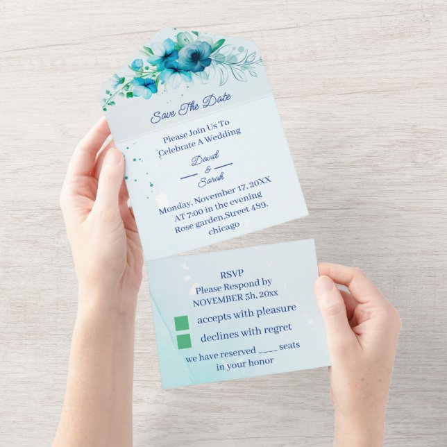 Elegante Flor Azul Personalizado Salve A Data (Tearaway)