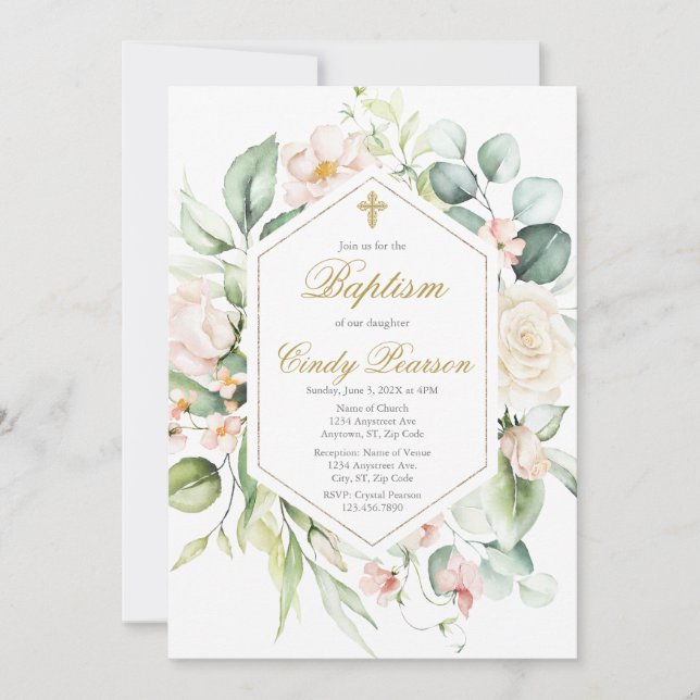 Elegante Floral Baptism convite para menina (Frente)
