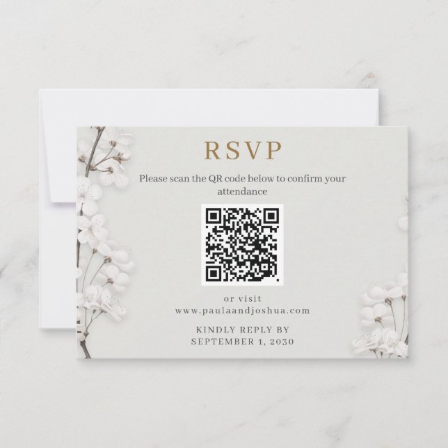 Elegante Floral Branco Código QR Casamento RSVP (Frente)