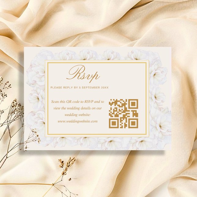 Elegante Floral Branco Marfim Dourado QR RSVP (Criador carregado)