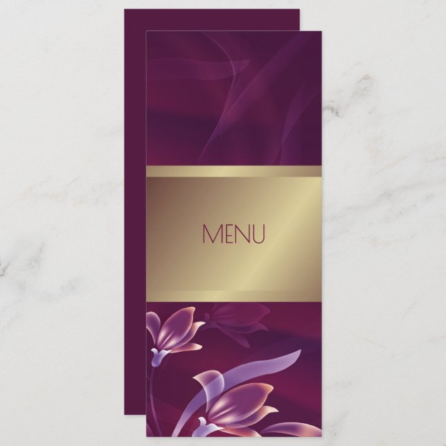 Elegante Floral Burgundy | Cartão de menu Dourado (Frente/Verso)