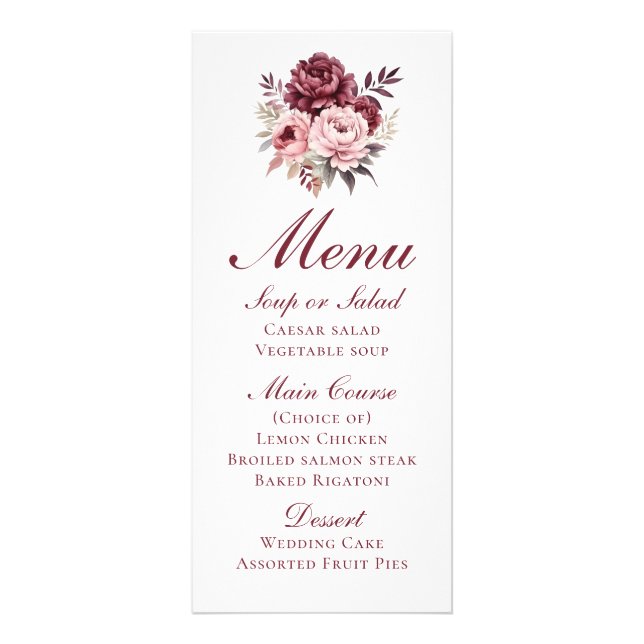 Elegante Floral Burgundy Menu de Casamento de Peon (Frente)