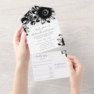 Elegante Floral Girassol Preto e Branco