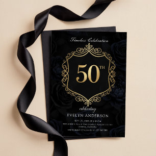 Elegante Floral Preto e Dourado Aniversário de 50 