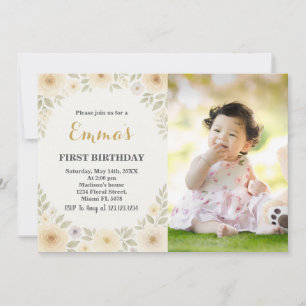 Elegante Floral Primeiro Convite de Aniversário
