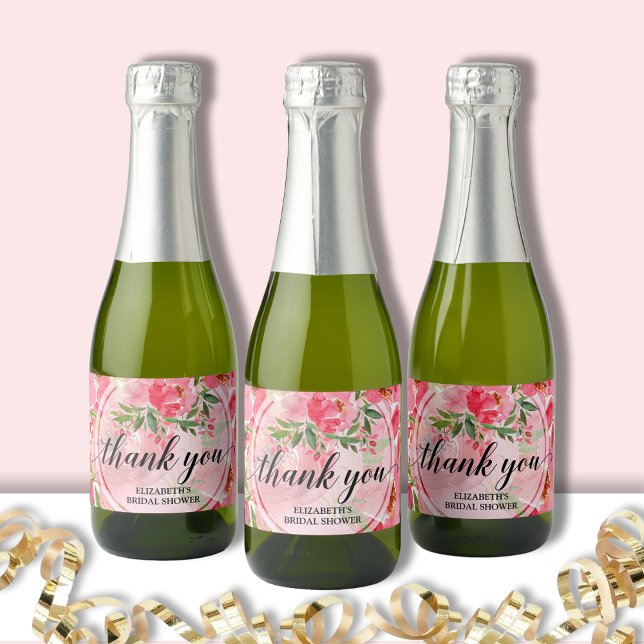 Elegante Floral Rosa Mini Chá de Noiva (Pink peonies floral bridal shower mini champagne bottle labels)