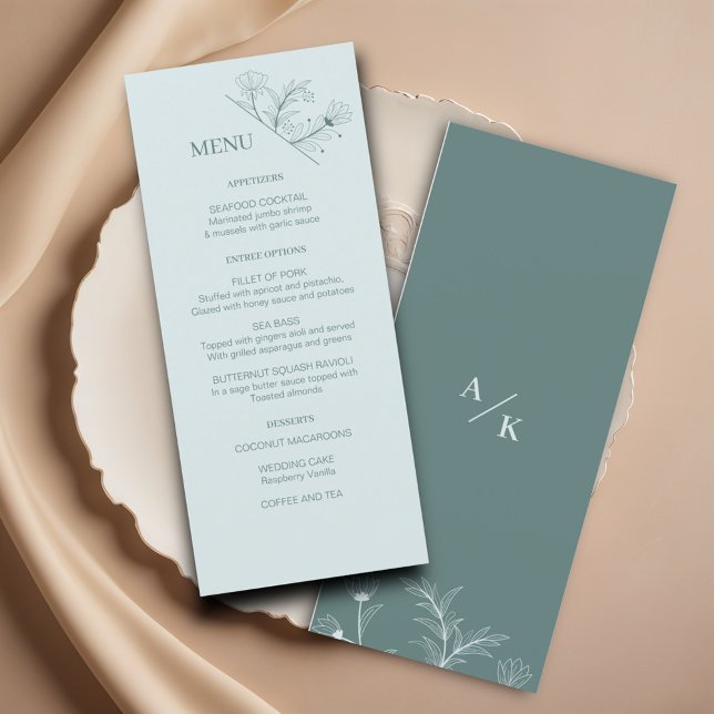 Elegante Floral Teal Wedding Menu (Criador carregado)