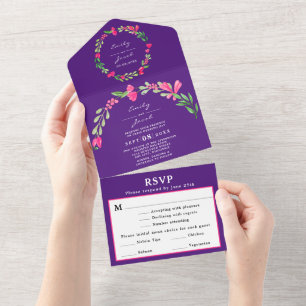 Elegante Floral Verde Rosa Roxo RSVP de Casamento