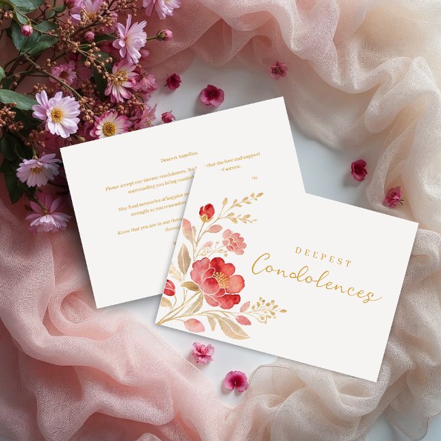 Elegante Floral Vermelho Claro e Cantos Dourados d (Elegant Light Red Floral and Golden Effect Corner Sympathy Card Design. )
