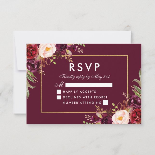 Elegante Floral Wedding Burgundy RSVP Dourada (Frente)
