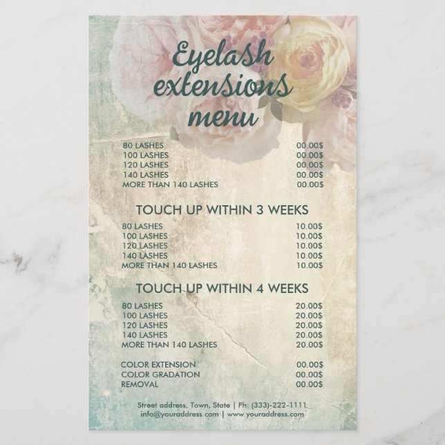 Elegante Flores Eyelash Menu Vintage Pink (Frente)