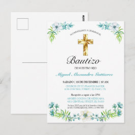 Elegante Flores y Cruz Para Niño Bautizo Convite