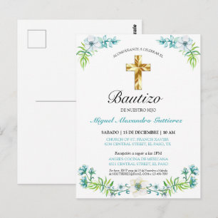 Elegante Flores y Cruz Para Niño Bautizo Convite