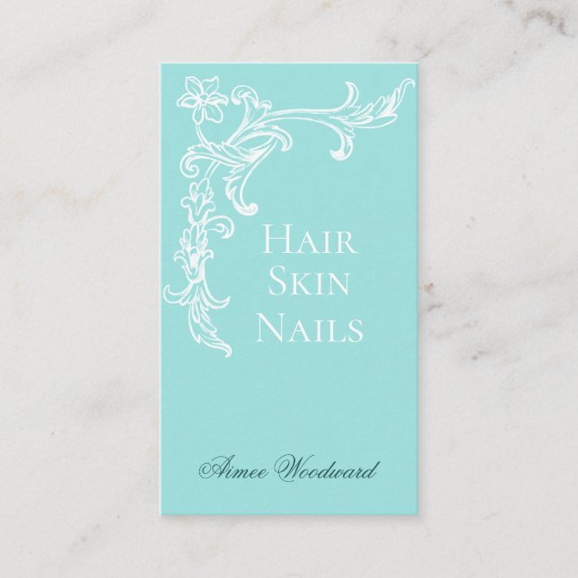 Elegante Flourish Aqua Blue e White Cartão de visi (Frente)