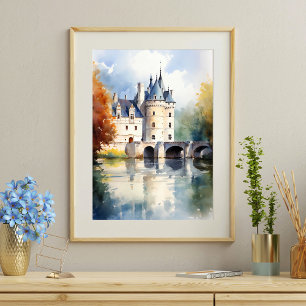 Elegante French Castle Watercolor Poster