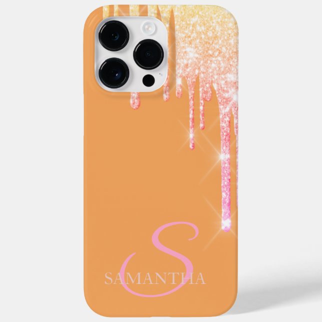Elegante Glitter de Ouro Rosa Gotejando Laranja  (Verso)