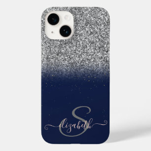 Elegante Glitter Ombre Prateado, Monograma Azul Ma