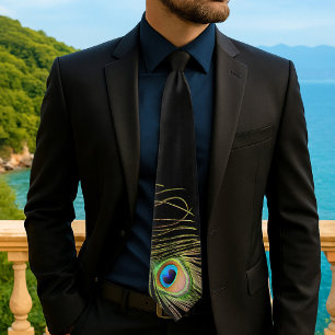 Elegante Gravata Preta Pena de Pavão