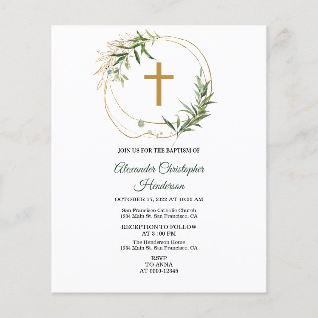 Elegante Greenery/BUDGET/Baptism Convite. (Frente)