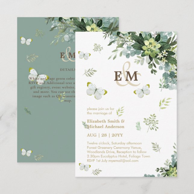 Elegante Greenery Butterflies Monograma Wedding In (Frente/Verso)