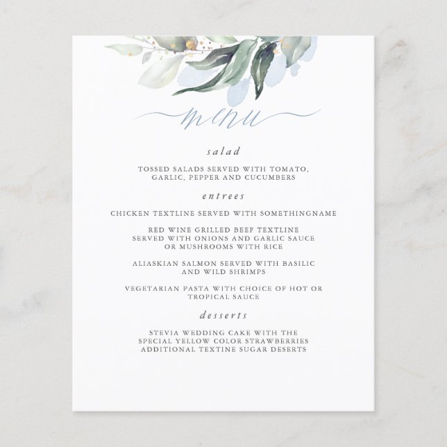 Elegante Greenery Dusty Blue Weding Menu (Frente)